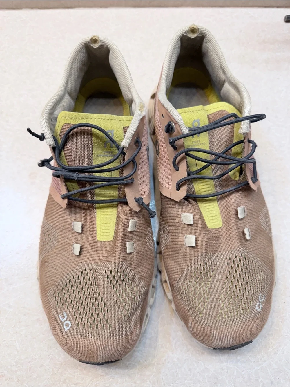 On Running Tan Mesh Athletic Shoes with Yellow Accents